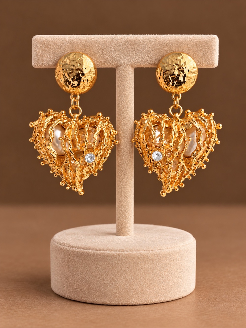 Gold Heart Drop Earrings with Pearl Accent